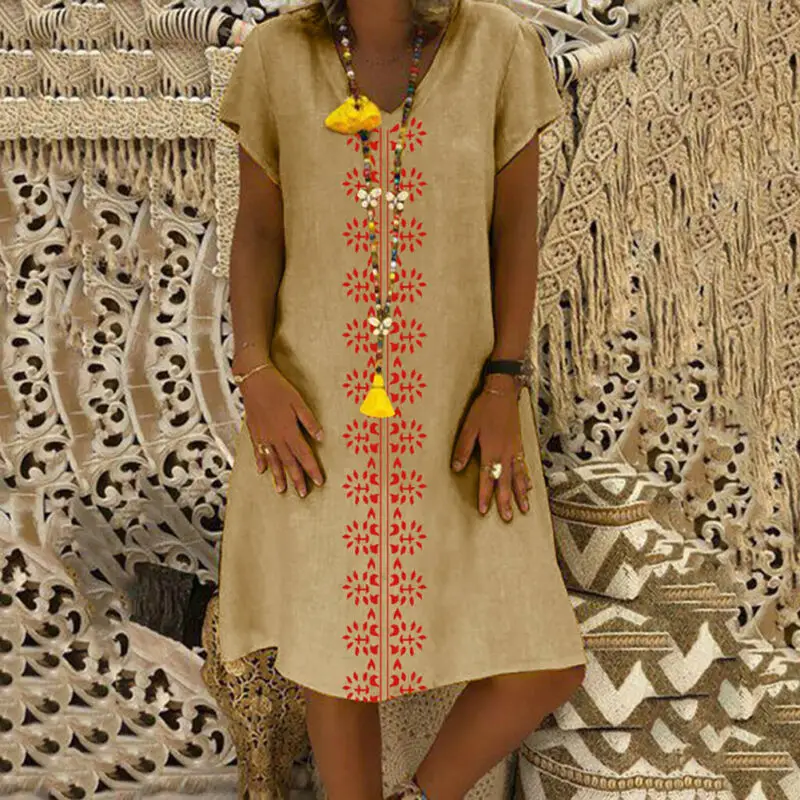 

2019 Women Summer Style Feminino 3XL Dress Vestido T-shirt Cotton Casual Plus Size Lady Print Dress Casual Linen Dress Hot Sale