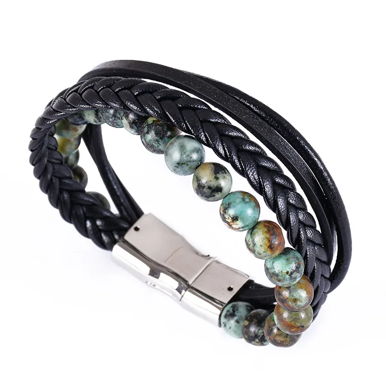 Подлинная JOYA 10 оптовая продажа 8 мм натуральный камень черный кожаный браслет