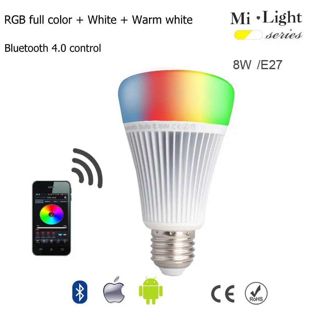 

Milight E27 8W Bluetooth 4.0 LED Light RGB + Color temperature Control with Samrtphone Remote Romantic lamp