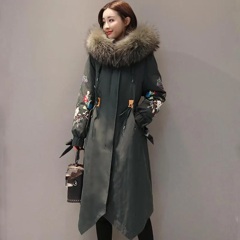 Зимняя женская куртка, большой меховой воротник с капюшоном, пуховик, Толстая теплая Свободная Женская парка с вышивкой, Женское зимнее пальто LY1271