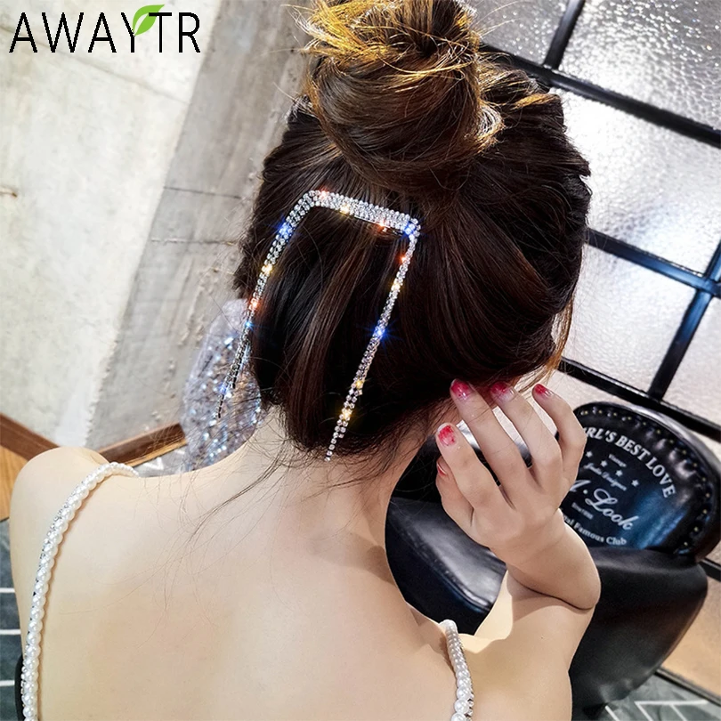 

AWAYTR Crystal Tassel Barrettes Girl Hair Clips Heandbands Gold Sliver Hairpins Female Hairgrips Women For Hair Accessories