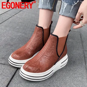 

EGONERY woman sheos 2019 spring new concise handmade genuine leather ankle boots outside comfortable high heels platform shoes