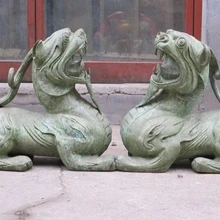 Bi002274 1" Китай Древний Злой дух зверя Бронзовая Косичку Дракон Единорог ПАРА Статуя