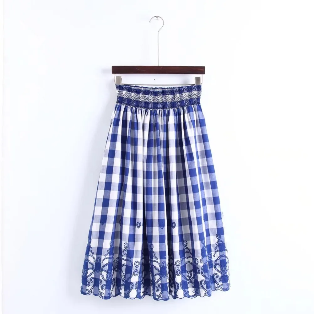 Señora Grande Y Hight Mitad Cintura Verano Tela Nueva Americanos Hem Falda Faldas La De Niza Casual Pantorrilla Estilo Escocesa Mujeres Europeos Bordado Las xpqnwHfTdx