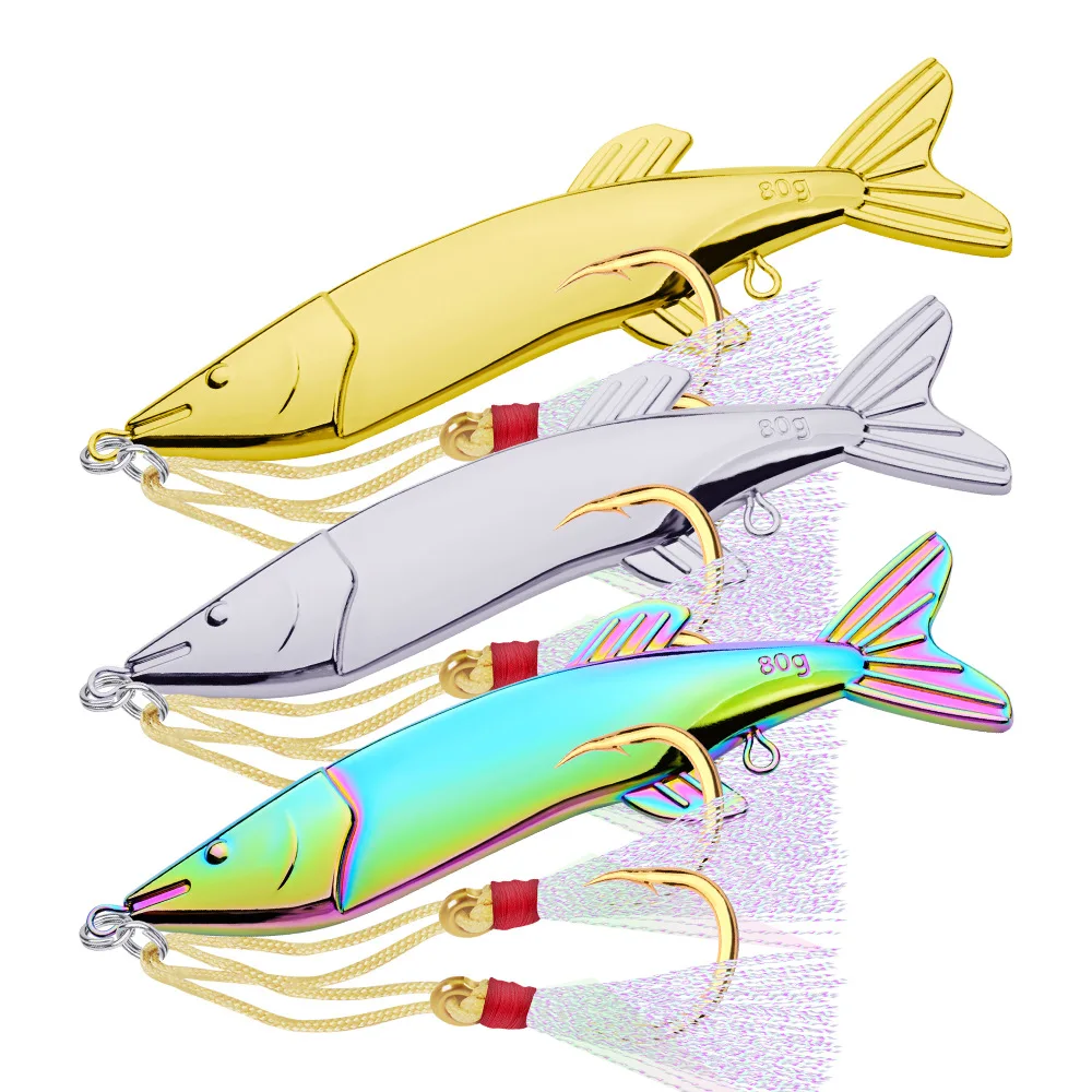 80g 122mm 3D Eyes VIB Hard Fishing Lures Bait Bionics Bass Fishing Lure Fishing Tackle 7# Treble Hooks w Feather 3 Colors