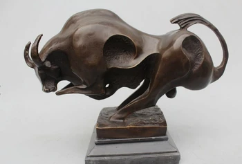 

10"Western Art Pure Bronze Marble Carved abstract Lucky Bull Ox Statue sculpture