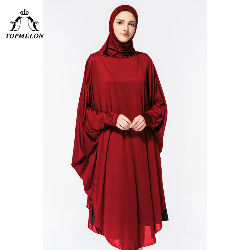 TOPMELON молитвенная одежда Абая Хиджаб платье шелковистые длинные однотонные халаты для женщин исламское платье в турецком стиле платок - Цвет: Красный