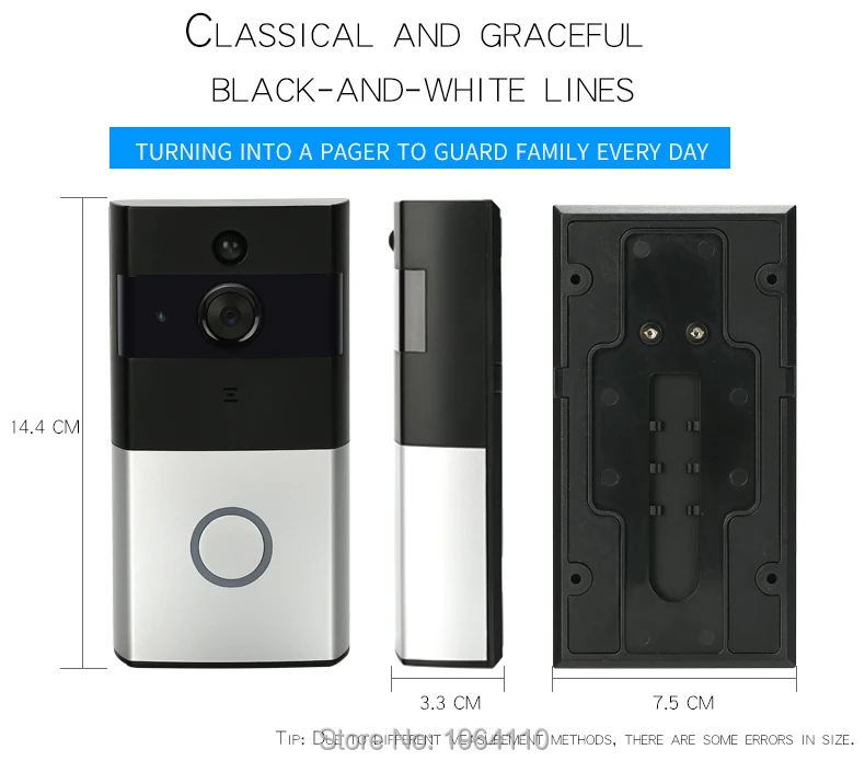 Wireless Visible TalkBack Doorbell with 720P Camera & PIR Sensor & One-Button WIFI Connection & Dingdong Ring & Free Mobile APP_Size