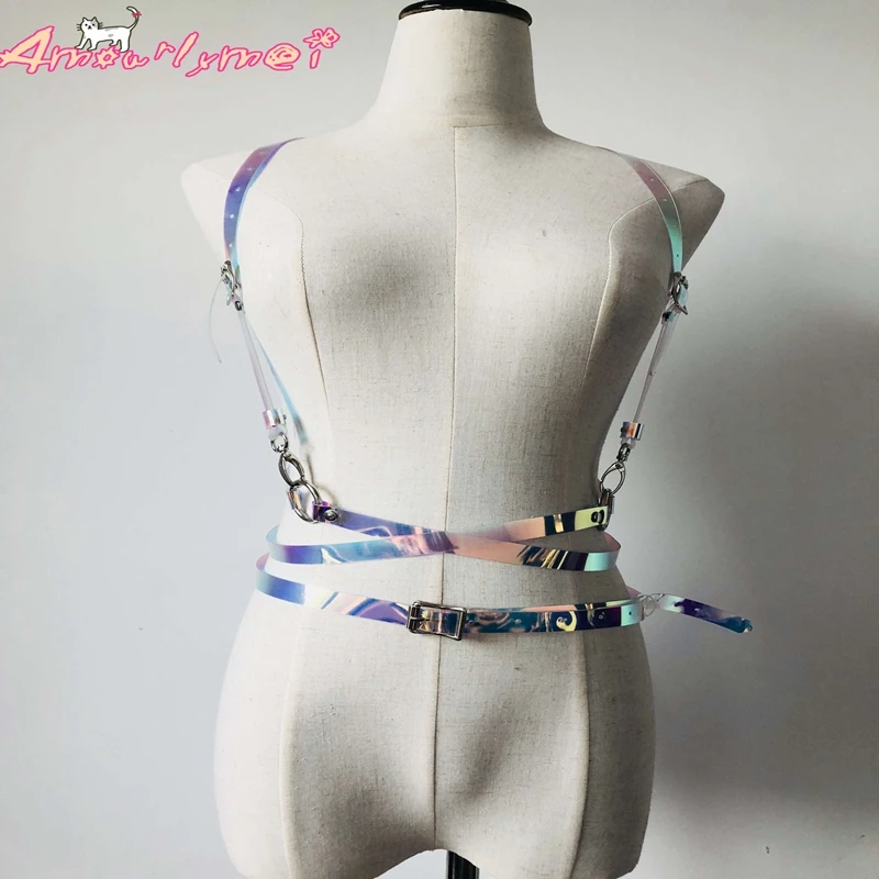 Harajuku женский сексуальный цветной голограмма металлический панк готический бондаж для связывания нагрудный ремень регулируемый поводок ремень
