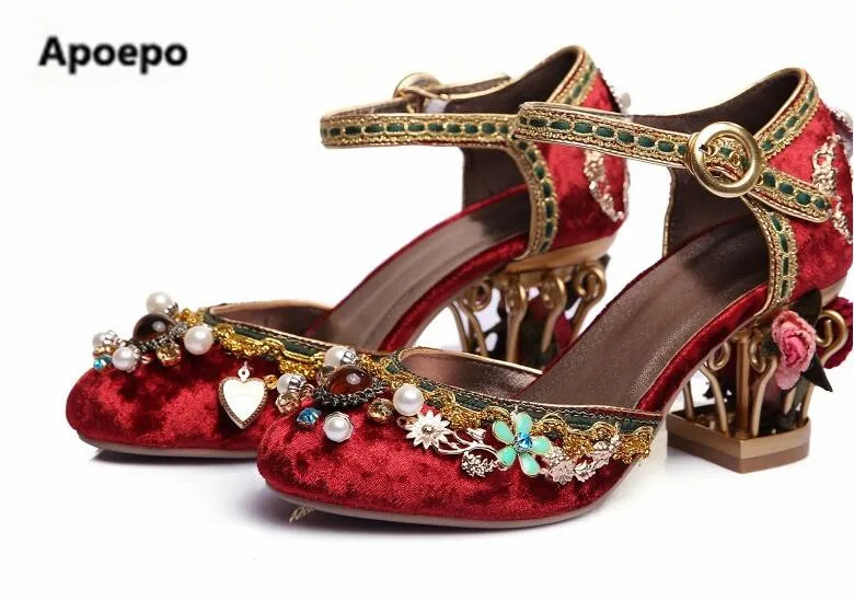 Fretwork Mariée Picture Complexe Sabots Picture Hauts Date Chaussures Broder as As Marque Rétro Strass Main Talons Femmes Pompes nqOzp4F