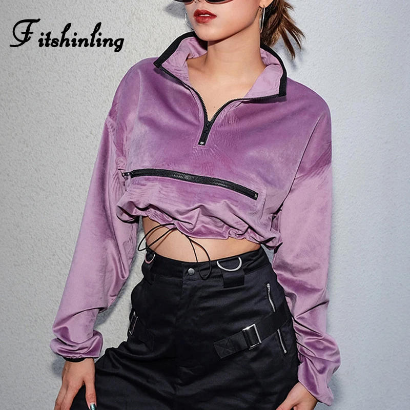 

Fitshinling Fashion 2019 Winter Velvet Women's Sweatshirt Zipper Drawstring Slim Cropped Hoodie Sweatshirts Long Sleeve Moletom