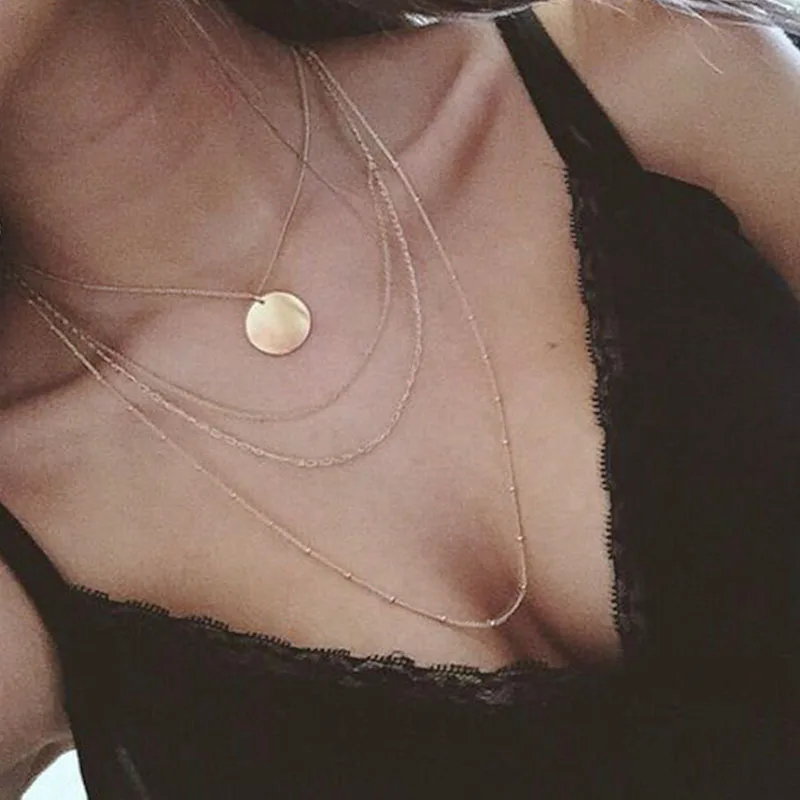 

New Sexy Boho Simple Golden Silvery Coin Adjustable 3 Multi Layer Long Tassel Pendant Neckalce for Women Fashion Jewelry Gifts