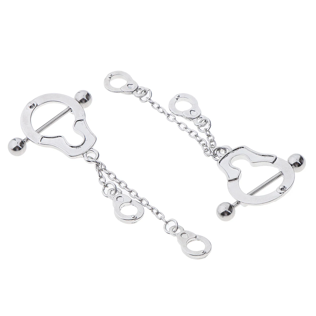 Pair of Stainless Steel Nipple Ring Shield Handcuffs Barbell Body Piercing Jewelry