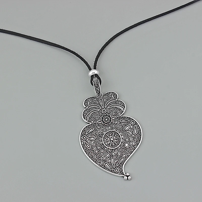 1Pcs Antique Silver Large Viana Heart Flower Charms Pendant DIY Necklace With Velet Cord Jewelry