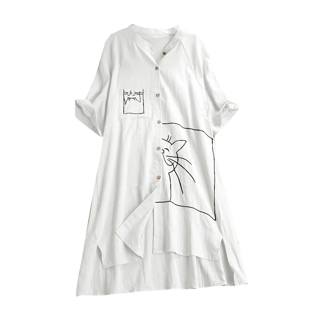 Женская блузка большого размера, свободные льняные винтажные топы с карманами и принтом кота, женская блузка, Женские топы и блузки, camisas mujer, новинка - Цвет: White