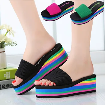 

Women sandals slippers new summer fashion rainbow leopard muffin sandals home shoes wedge heels beach sandals 776