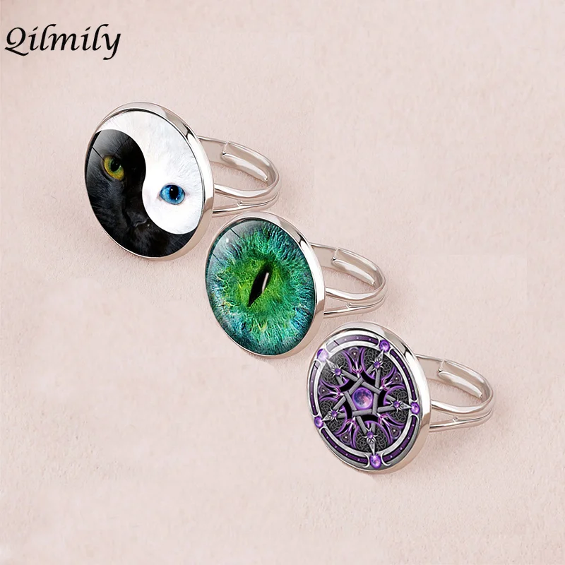 

Qilmily Time Gems Adjustable Cat/Devil's Eye Ring for Women Men Triangle Mystery Symbol Yin Yang Taiji Gossip Jewelry Gifts Hot