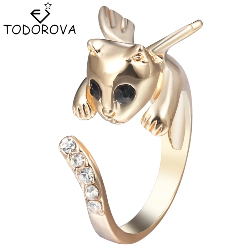

Todorova Angel Wing Cat Ring Crystals Rhinestone Adjustable Free Size Finger Ring Kitten Women Men Gift