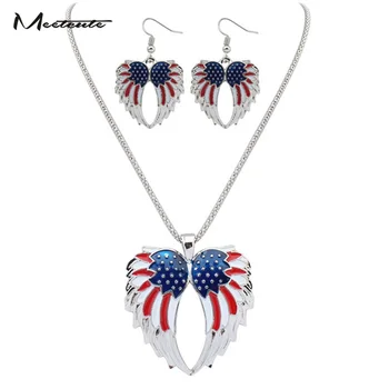 

Meetcute Fashion Colorful Enamel Angel Wings Jewelry Sets American Flag Pendants Necklace Earrings Set For Women Gift