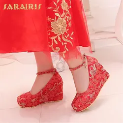 SARAIRIS/2018 бренд 2018 Клин Обувь на высоком каблуке пряжки ремень Женская обувь женские туфли-лодочки весенние вечерние свадебные туфли для