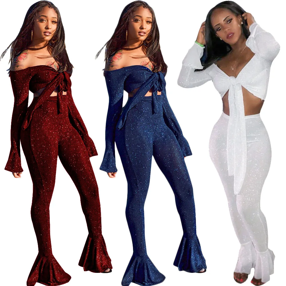 

shiny lurex crop top and flare pants sexy womens two piece bowknot 2019 club 2 piece female bodycon pants sets red white