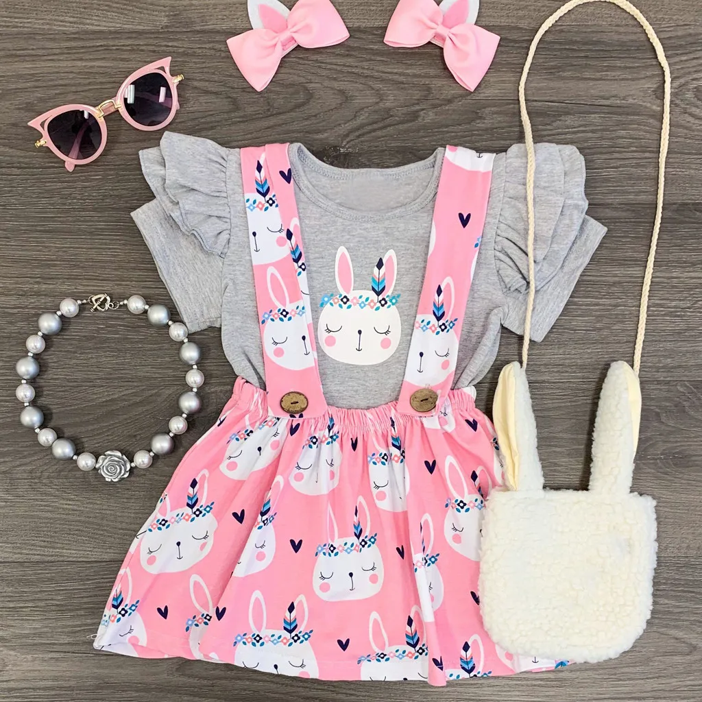 SWNONE Toddler Baby Girls Easter Skirt Set Bunny Print Top Tee Tutu Skirt Outfits Spring Summer Clothes 