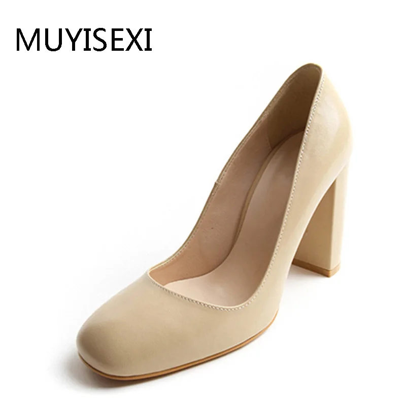 

Women Shoes High Heels Basic Full Genuine Leather 9 cm Thick Heel Pumps Slip On Square Toe Ladies Shallow Pumps YJN08 MUYISEXI