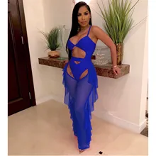 Women Sexy Cut Out Spaghetti Strap Mesh Jumpsuit Casual Open Crotch Ruffles Pants Suit Sleeveless Club Party Solid Two Piece Set cut out spaghetti strap bikini set