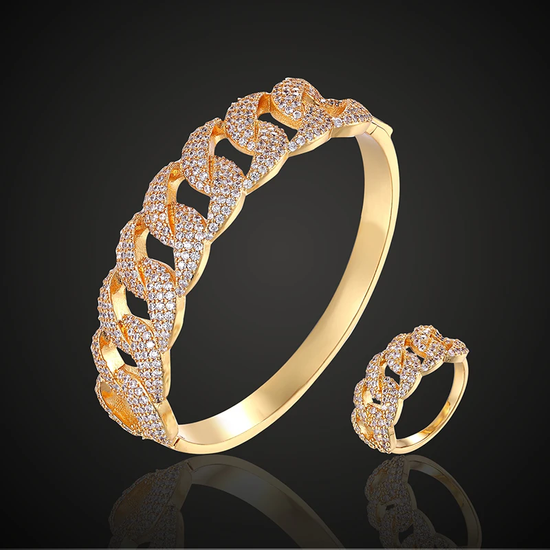 

Lanruisha luxury brand micro pave setting zircon chain style bangle with ring set classic bracelet fashion jewelry for everbody
