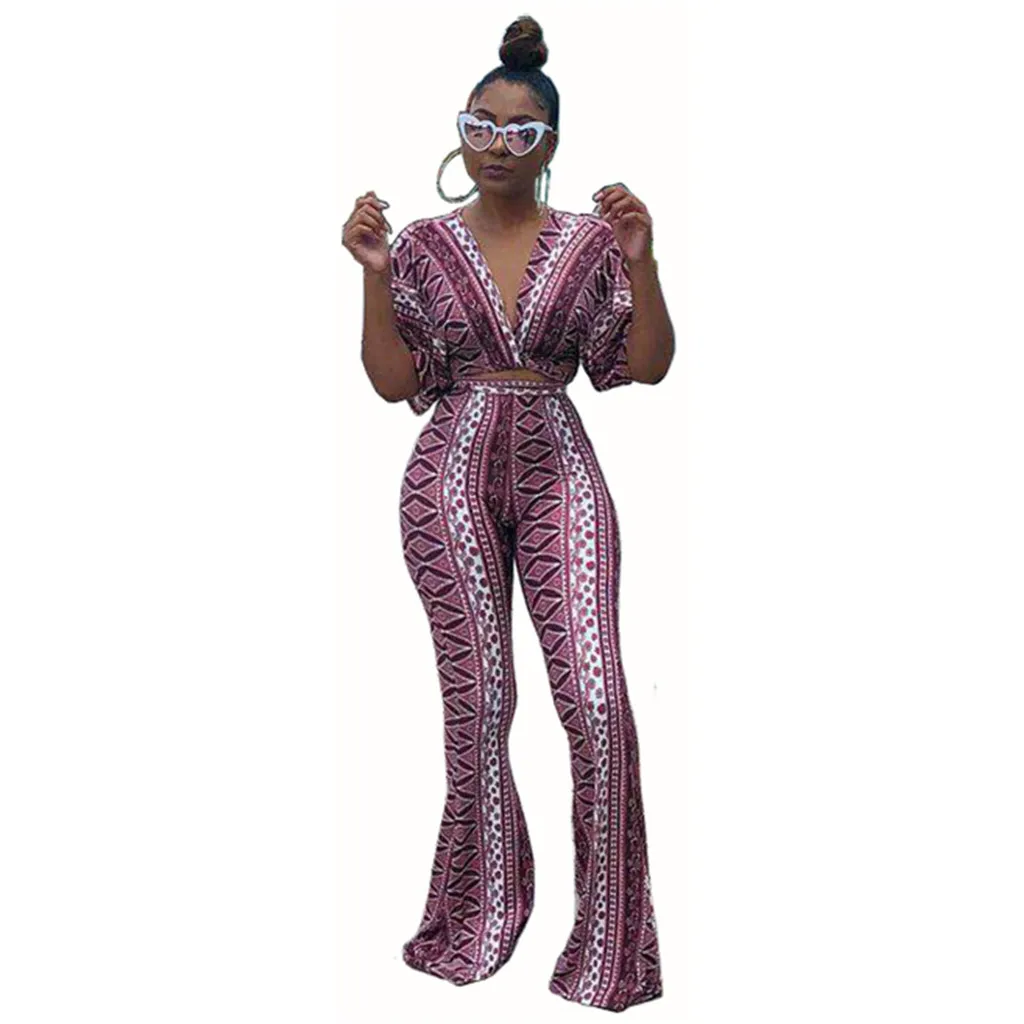 women sexy batwing sleeve deep v neck geometric bohmian print boot cut