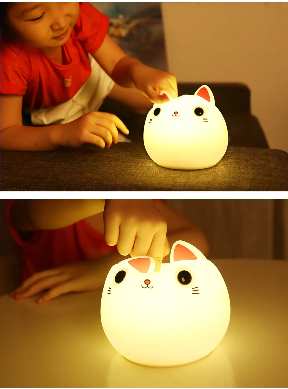 SuperNight Cute Cartoon Cat LED Night Light Silicone Rechargeable Touch Tap Kids Baby Bedroom Bedside Warm Colorful Table Lamp (13)