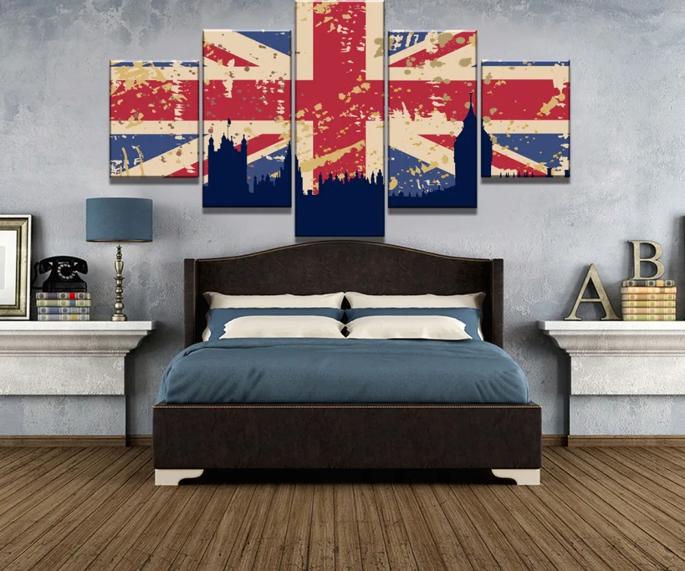 Cuadro 5 Piezas Lienzo Arte Gran Bretana Edificio Bandera Cuadros