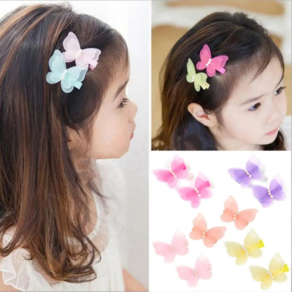 

1 Pair Baby Kids Chiffon 3D Butterfly Princess Hair Pin Headwear Pearl Hair Clips Accessories Sweet Barrettes for Girls