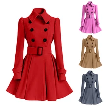 Женское длинное пальто, зима, модное тонкое шерстяное подиумное пальто с поясом, Женская винтажная куртка с отложным воротником, верхняя одежда Abrigo Mujer