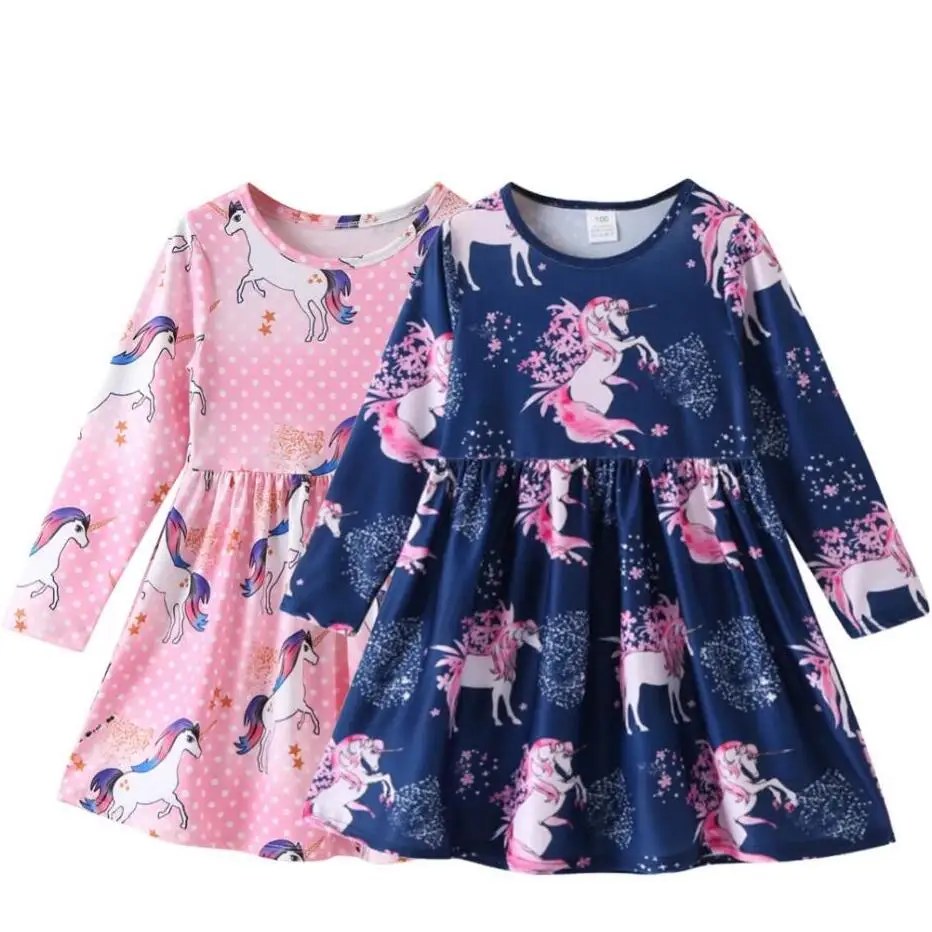 

New 100% Cotton Baby Girls Dress Long Sleeve Spring Autumn Party Clothes Cartoon Unicorn Floral Tutu Princess Children's Dresses