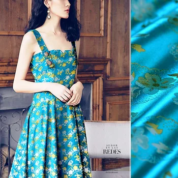 

Blue gold satin silk jacquard fabric satin silk cloth gold leather cheongsam silk clothing