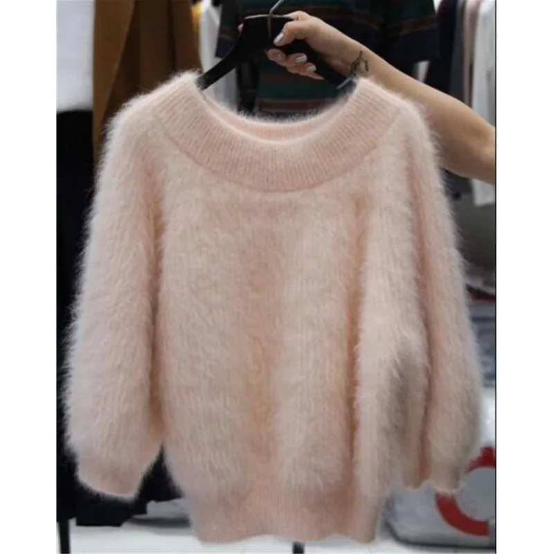 

Autumn New Korean Version Slash Neck Women Sweater 2018 Winter Warm Thick Soft Furry Sweater Elegant Brief Wild Loose Pullovers