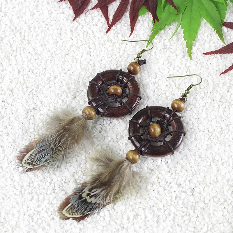 

1 Pair Indian Dreamcatcher Vintage Wood Circle Feather Dangle Earings For Women Retro Dream Catcher Drop Earrings