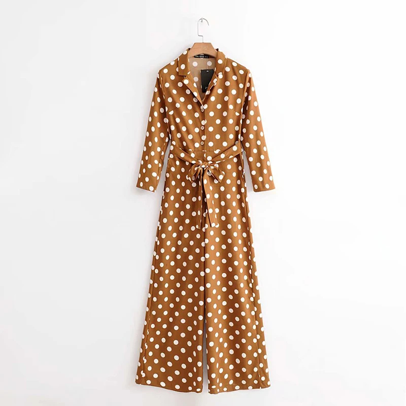 

2019 Women Spring Dot Print Long Brown Jumpsuits Female Fashion Long Sleeve Cotton Sweet Jumpsuit rompers womens jumpsuit
