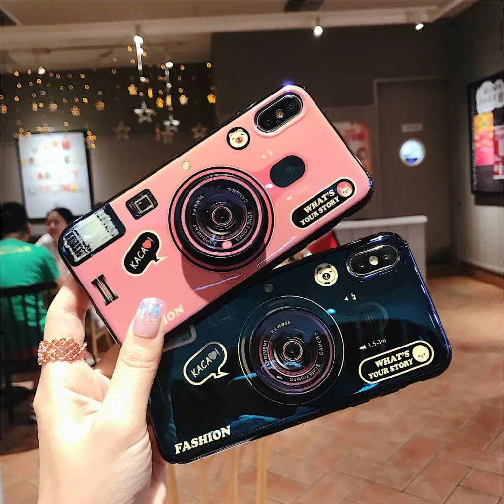

Blue Ray 3D Retro Camera Phone Case For Samsung Galaxy S7 Edge S8 S9 S10 Plus Funda for Note 8 9 S10E Capa Lanyard and Kickstand