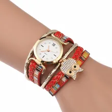 Mulheres da moda Relógios Pulseira de Relógio Senhoras Relógio relógios de Pulso de Quartzo das Mulheres do Círculo Alça de Mão Vermelho Sorte Coruja Relogio feminino