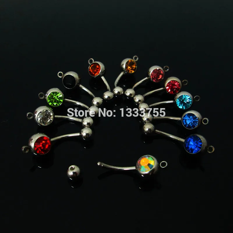 NICE 1 pair 1.6*10*5/8 mm mixed single gem stone with dangle loop navel ring surgical Stainless Steel belly button |