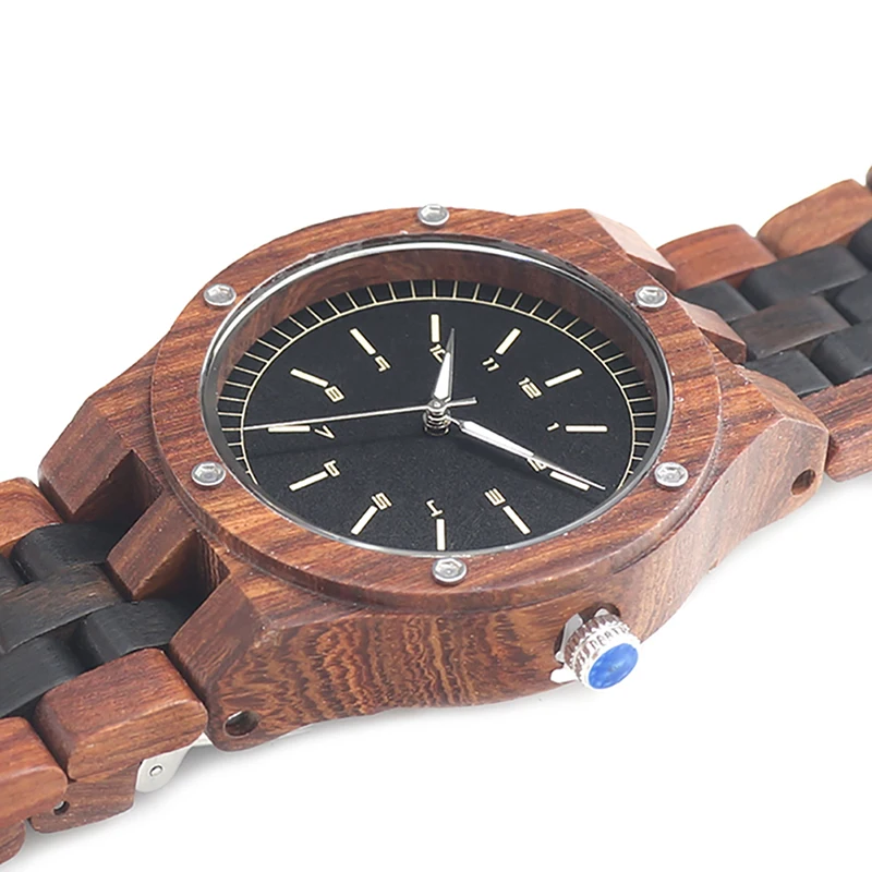 BOBO BIRD EN18 Handmade Analog Men Wooden Quartz Watch Round Dial Unique Combination Ebony And Red Sandalwood Customzied