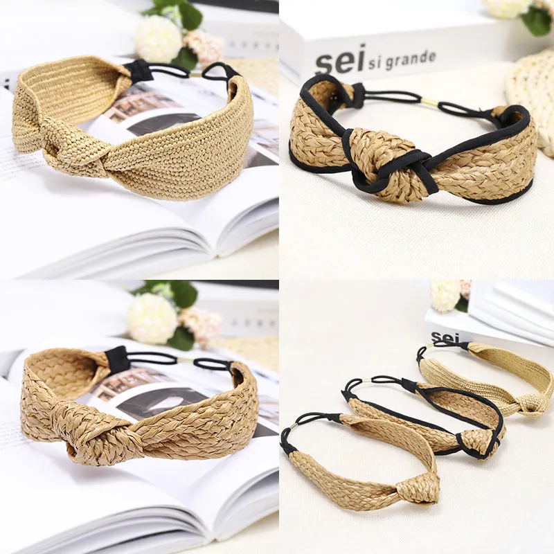 

Multi-style New Straw Weaving Knotted Headband for women Bohemian Summer Hair band Cloth stitching Wide Handmade Hairband