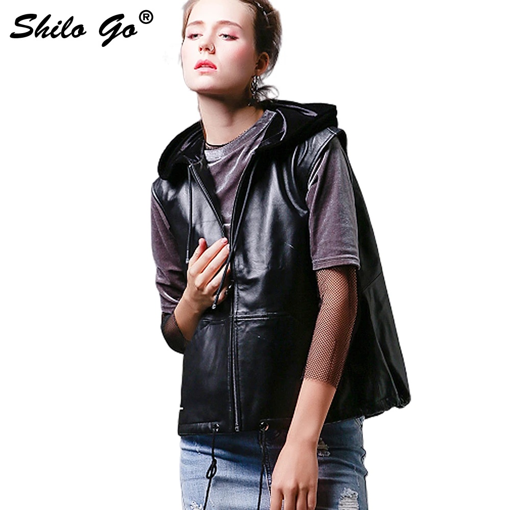 

SHILO GO Leather Vest Womens Autumn Fashion sheepskin genuine leather Vest hooded concise loose zipper black sleeveless vest