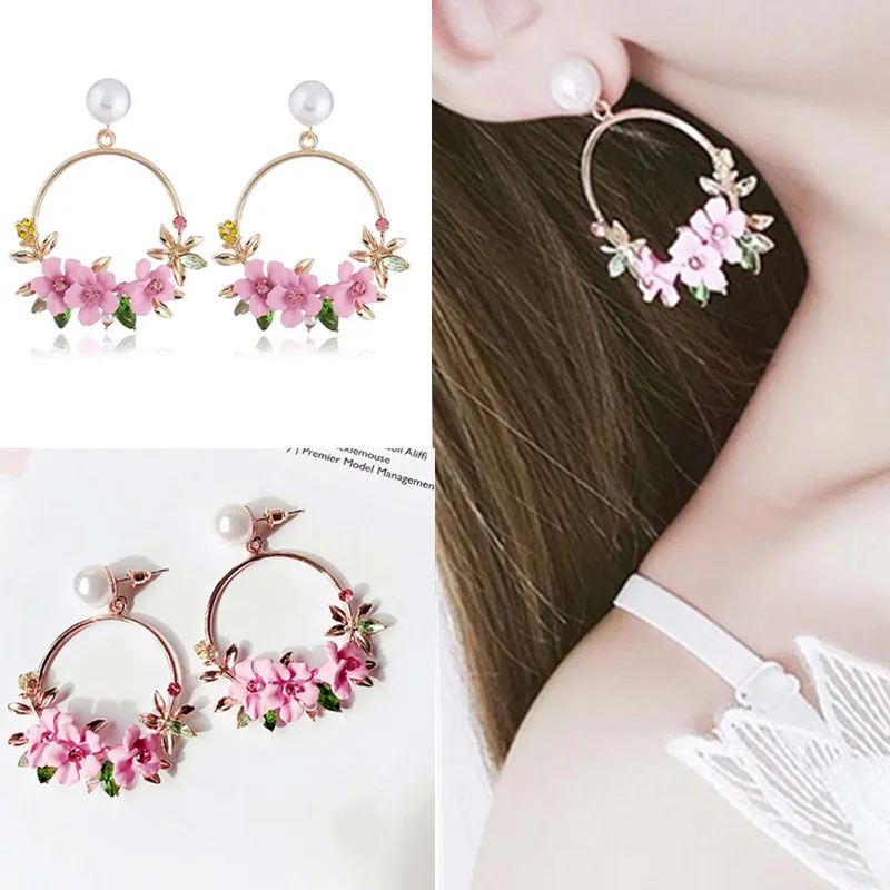 

Summer Flower Wreath Drop Earrings Elegant Fabric Flower Sweety Petal Alloy Ear Circle Big Earrings Charm Brinco For Women