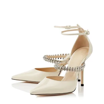 

Woman Elegant Wedding Rhinestone Ankle Strap Pumps Sexy Pointed Toe Stiletto High Heel Straps Pumps Crystal Spring Autumn Shoes