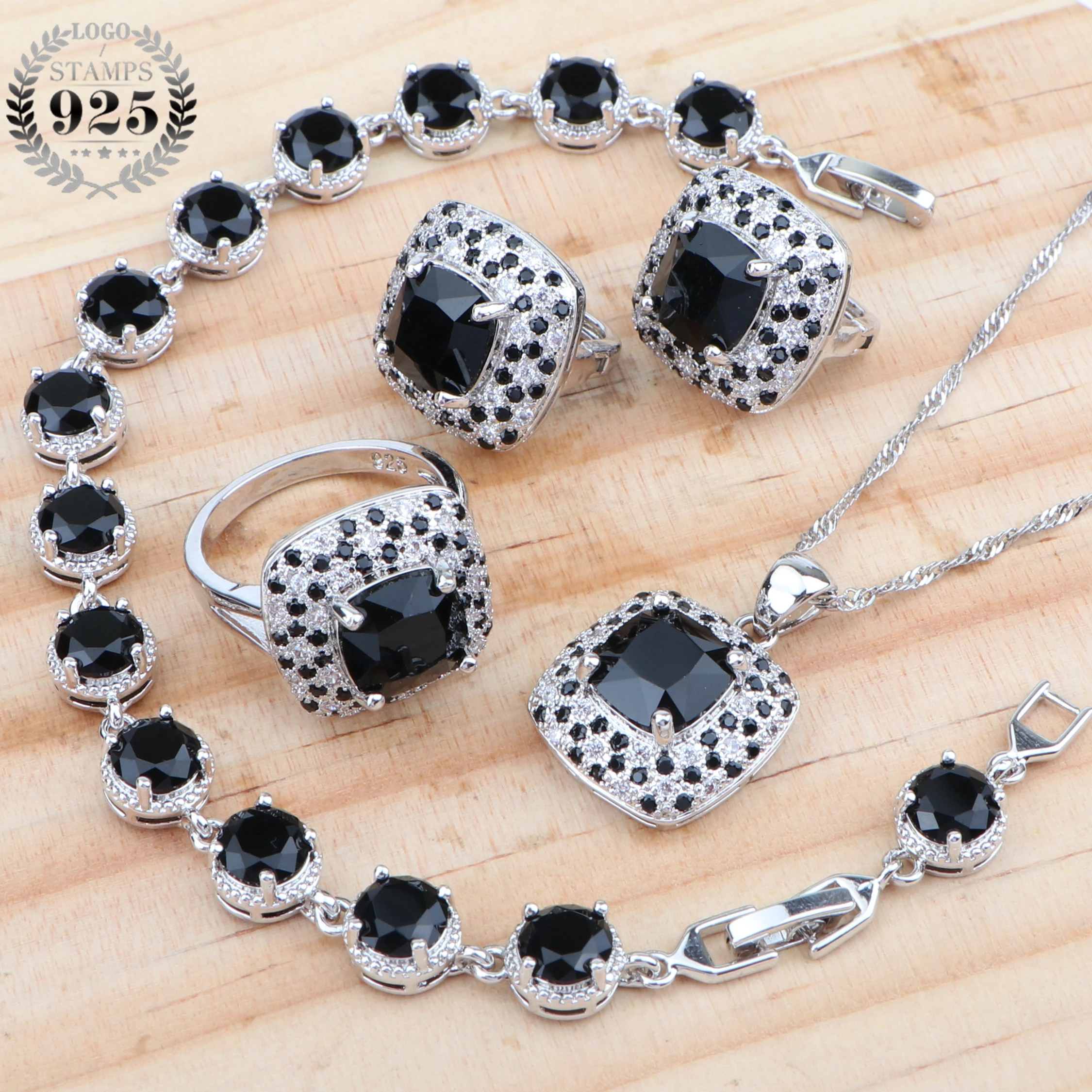 Wedding 925 Sterling Silver Bridal Jewelry Sets For Women Black Zirconia Earrings Necklace Pendant Bracelets Rings Set Gift Box Wedding 925 Sterling Silver Bridal Jewelry Sets For Women Black Zirconia Earrings Necklace Pendant Bracelets Rings Set Gift Box
