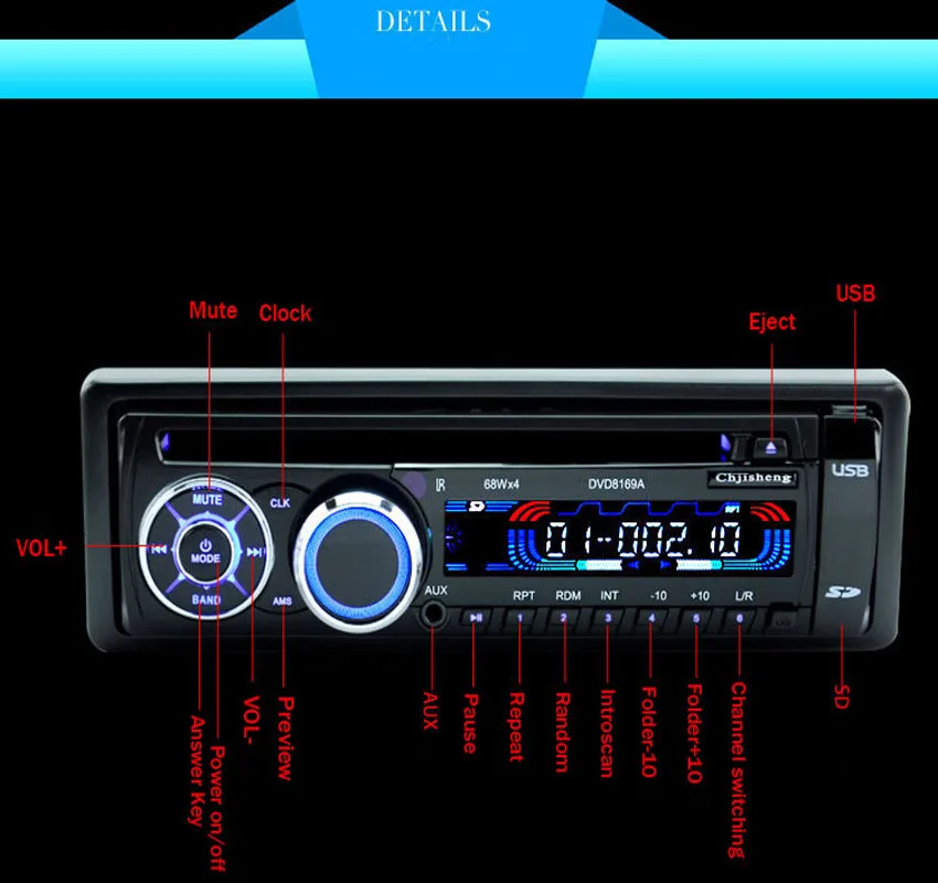 

12V Car radio Stereo FM Radio MP3 Audio Player USB SD Port Car radio In-Dash one DIN size DVD CD Player Vehicle Radio 8169A