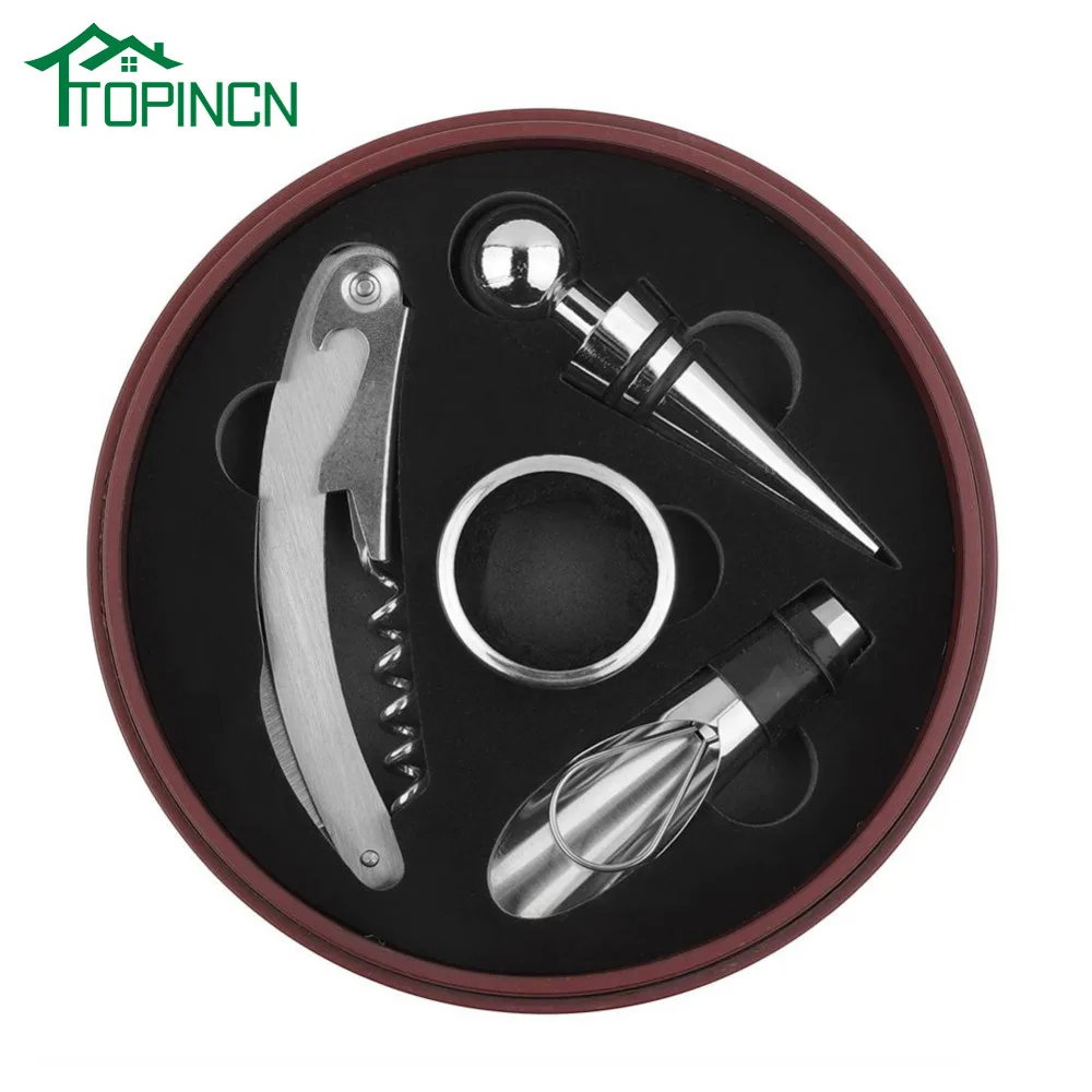 

TOPINCN 4Pcs/Set Red Wine Opening Tool Gift Set Bottle Opener Wine Stopper Wine Ring Pourer Corkscrews Openors in Box Case